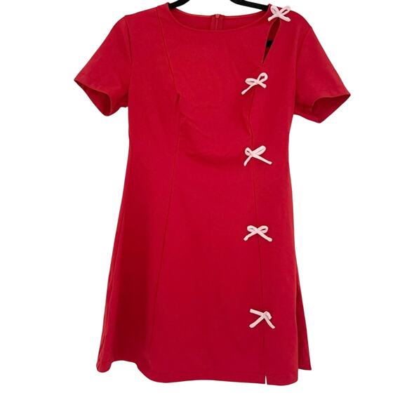 Red Mini Dress with White Bow Accents Size Small - Picture 2 of 9